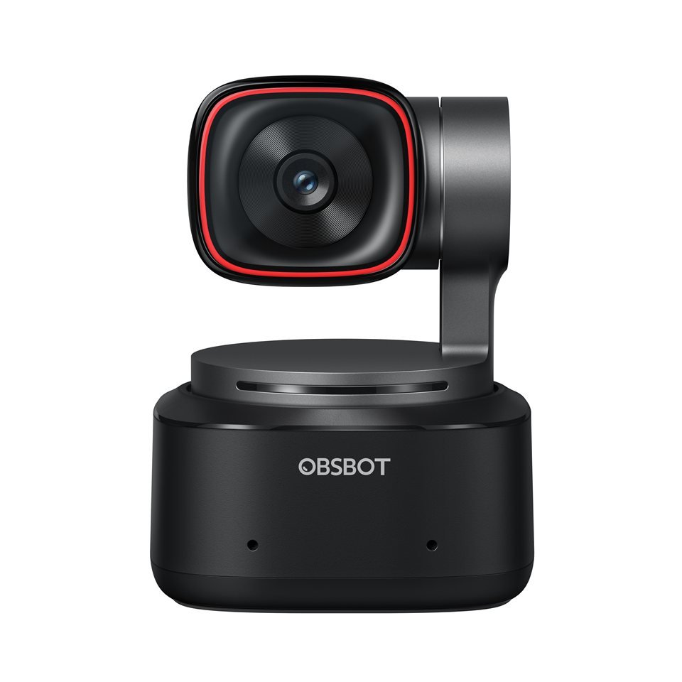 Câmera OBSBOT Tiny 2 preta, com lente de contorno vermelho e base motorizada